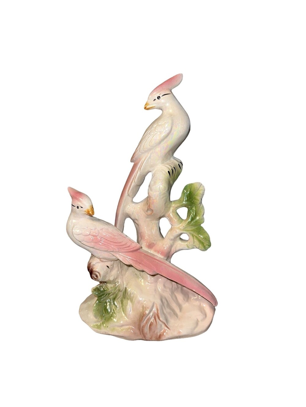 VINTAGE 14' large Ceramic Cockatiels Figurine Romantic Feminine Birds pink pearl